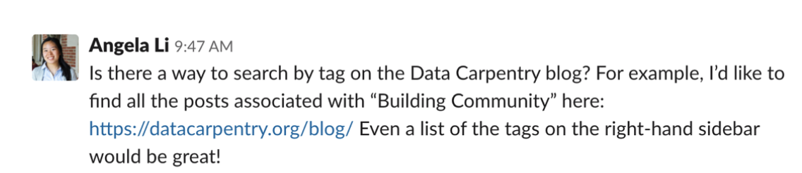 Question on navigation by tags on the Data Carpentry blog posed by Angela Li in August 2019