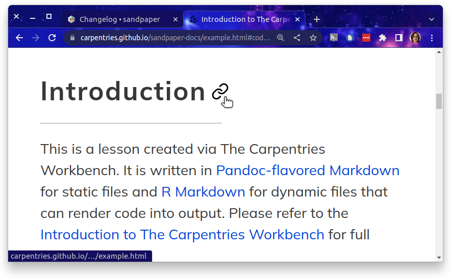 Screenshot of a zoomed-in lesson website with a heading that says &ldquo;Introduction&rdquo;. The mouse hovers next to it, revealing a chain link symbol.