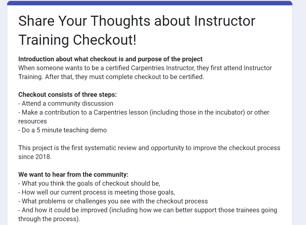 A screenshot of the Google Form titled &ldquo;Share Your Thoughts About Instructor Training Checkout&rdquo;