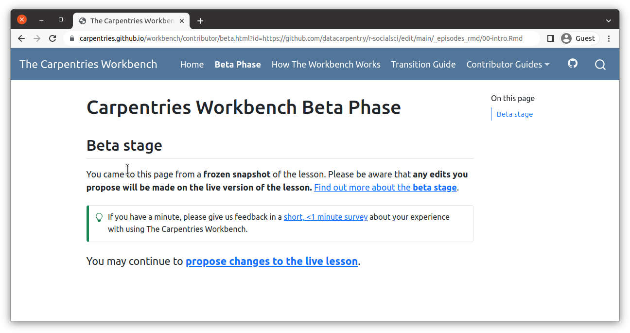 screenshot that shows the landing page for the beta stage. Text with a link at the bottom says "You may continue to propose changes to the live lesson"