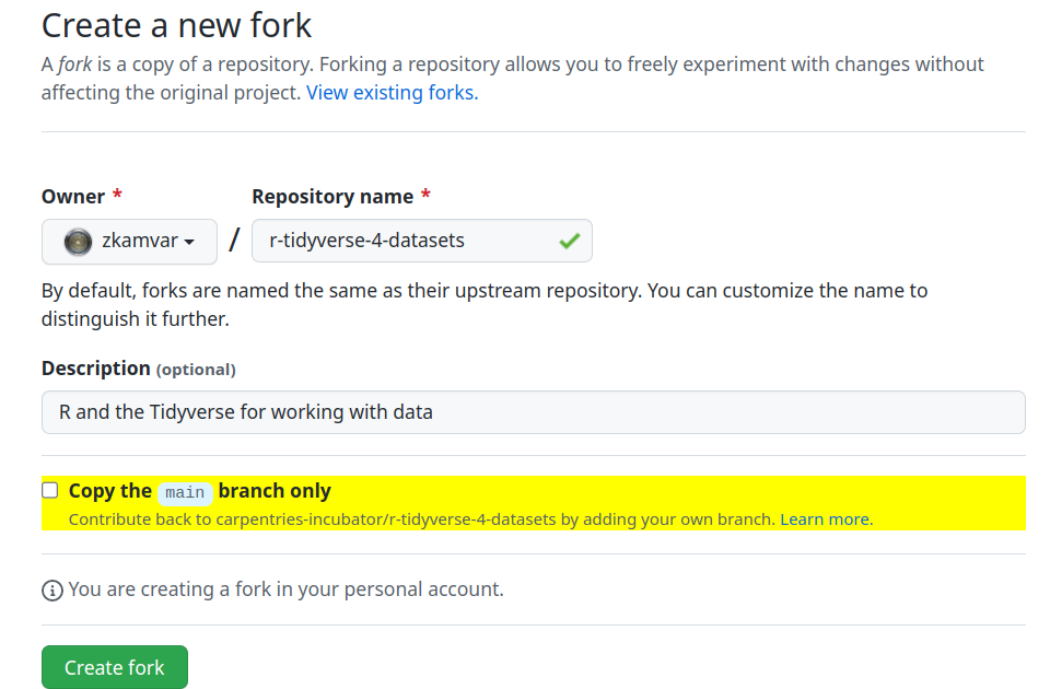 screenshot of the &lsquo;create a new fork&rsquo; page with the &ldquo;Copy the main branch only&rdquo; checkbox highlighted in yellow