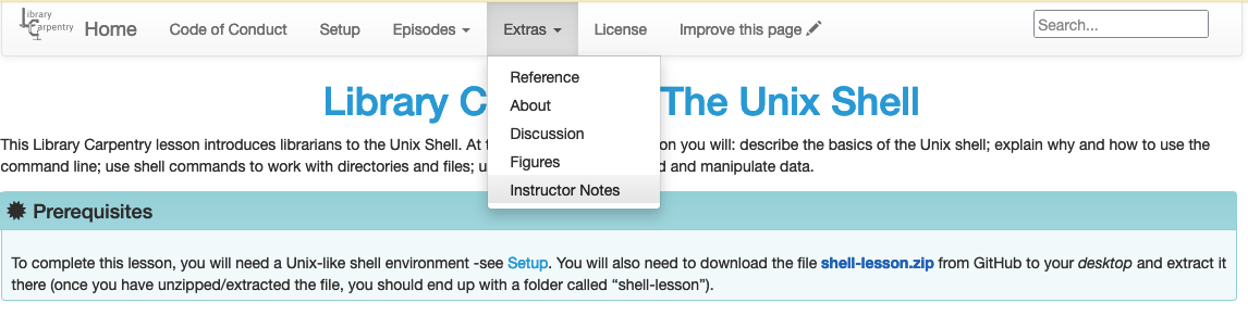 The &ldquo;Instructor Notes&rdquo; page is accessible from the &ldquo;Extras&rdquo; menu of a lesson site.