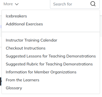 screenshot of a dropdown menu from &ldquo;intstructor training&rdquo; that is split
into two sections: one section for instructors and another with links for
learners