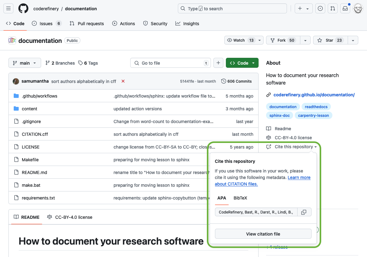 GitHub displays a &lsquo;Cite this repository&rsquo; pop-up on projects containing a CITATION.cff file.